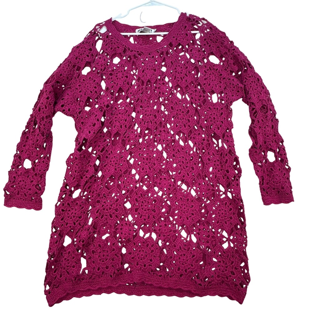 Effeci Open Hand Knit Crochet Tunic Women Large Magenta Boho Festival hippie